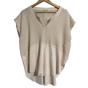 Fourteen & 9th Cream Ivory Oversized Thermal V Neck Short Sleeve Top